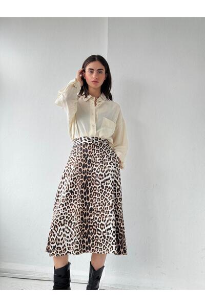 Retrobird Fusta midi din satin cu model leopard de damă - Luna