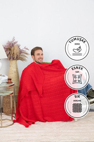 FAVORA Pătură TV tricotată cu pompon din tricotaje Biocotton - roșu