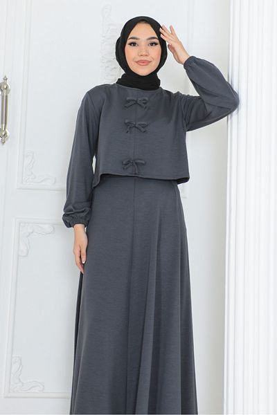 Bestenur Anthracite Bow Blouse and Skirt Set - 1298