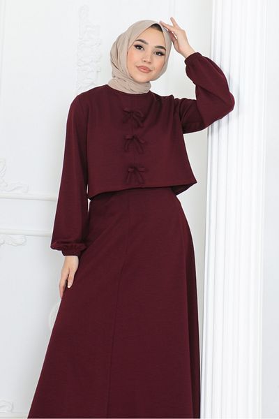 Bestenur Plum Bow Blouse and Skirt Set - 1298