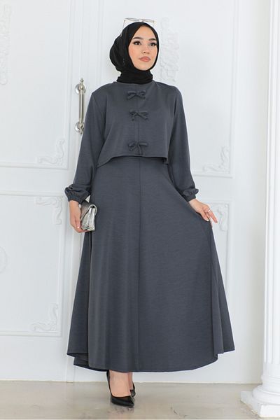 Bestenur Anthracite Bow Blouse and Skirt Set - 1298