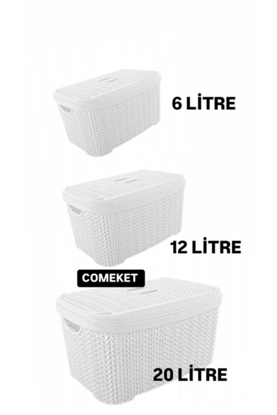Comeket 3 Adet 6-12-20 LİTRE Örgü Desenli Delikli Organizer Sepet BEYAZ
