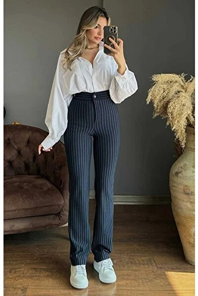LUCK Жіночі сині смугасті брюки-палаццо