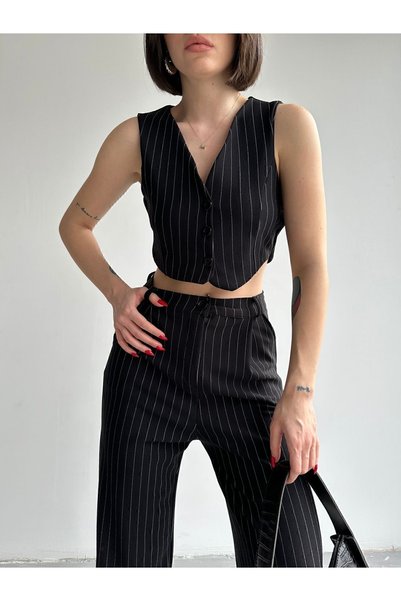 ALLİVA GİYİM Women's Palazzo Trousers Buttoned Short Crop Vest Double Striped Suit