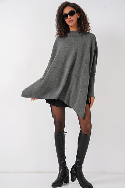 Bigdart 15783 Slit Poncho Sweater - Gray