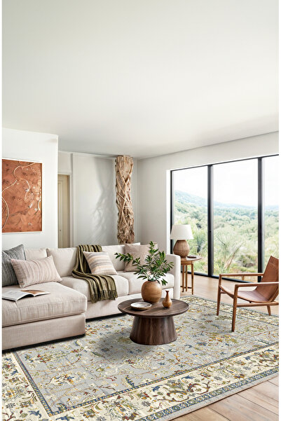 BigArts Home Mavi Renkli Vintage Desenli Şönil Salon Halısı, Dokuma Tabanlı D...