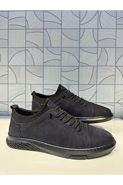 Anıl Ayakkabı AY 2002 Чоловічі темно-сині нубокові шкіряні кросівки на гумовій підошві з шнурівкою, зручні для щоденного носіння.