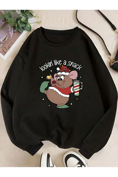 Pink Sky Black Oversize Crew Neck Lookin Like a Snack Printed Sweatshirt