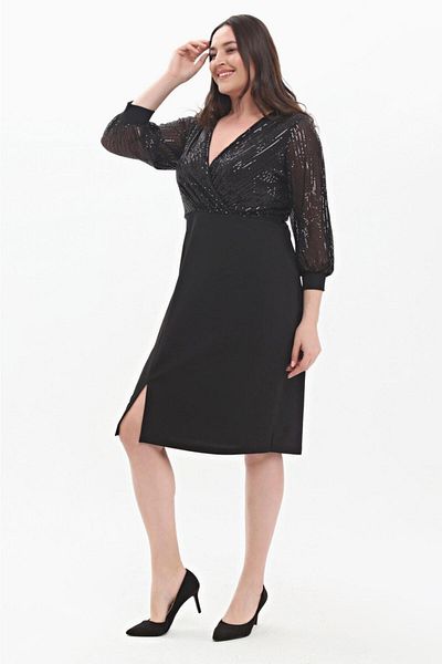 Şirin Butik Rochie neagră de damă, mărime mare, cu decolteu dublu, cu paiete și detaliu de fantă