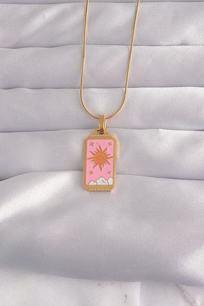 Skygo Gold Colored 316L Steel - Pink Enamel Sun Model Tarot Necklace Tj-Bko9029