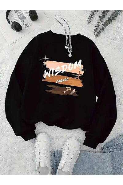 Pink Sky Black Oversize Crew Neck Wisdom Printed Sweatshirt