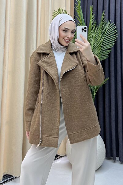 Modaensarbutik Önü Ve Cebi Fermuarlı Astarlı Buklet Ceket-KAHVERENGİ