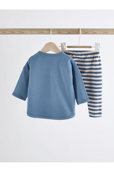 Next Baby Cotton Blue Striped Bear Patterned Long Sleeve Bottom Top Set