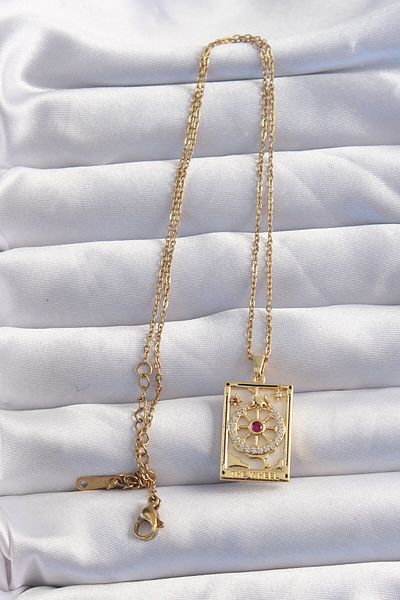 Skygo 316L Steel Chain Gold Color Pink Zircon Stone Tarot Necklace - Tj-Bko8982
