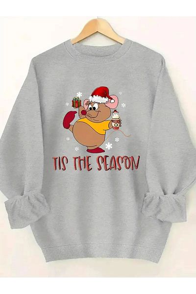 Pink Sky Gray Oversize Crew Neck Christmas Mouse Printed Sweatshirt