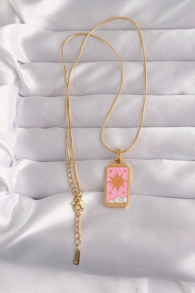 Skygo Gold Colored 316L Steel - Pink Enamel Sun Model Tarot Necklace Tj-Bko9029