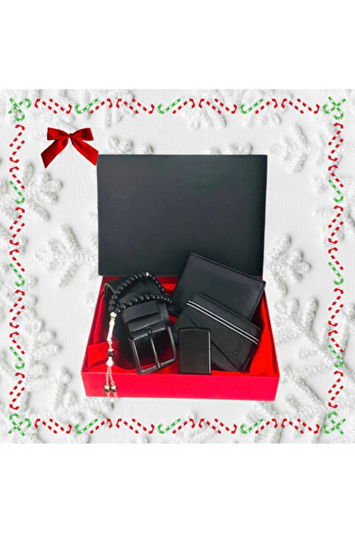 Carlino Erkek Hediye Seti Siyah Kemer Cüzdan Kredi Kartlık Tesbih Çakmak