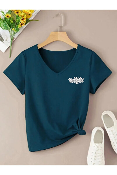 SUPER POZE Γυναικείο μπλουζάκι με λαιμόκοψη σε V με λουλούδια