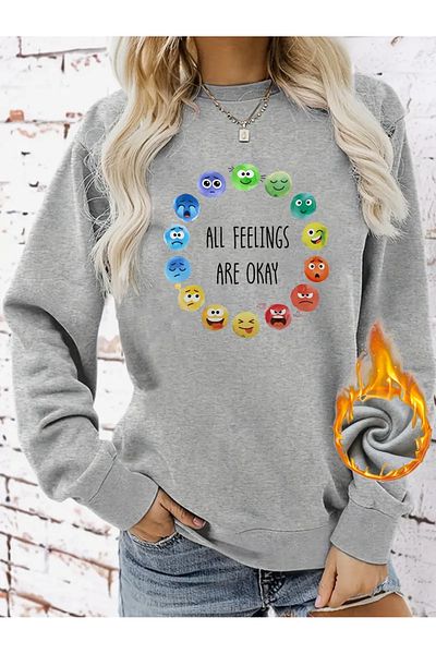 Pink Sky Gray Oversize Crew Neck Printed Sweatshirt