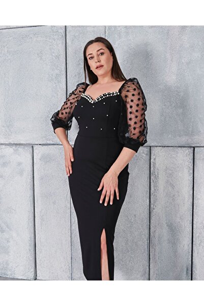 Şirin Butik Γυναικείο Μαύρο Μεγάλο Μέγεθος Πέρλα Λεπτομερείς Μανίκια Πουά Βραδινό Φόρεμα