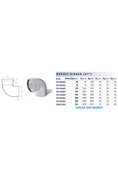 Genel Markalar Pis Su Tesisatı-Pvc Kapalı Dirsek (87°) Ø 75mm