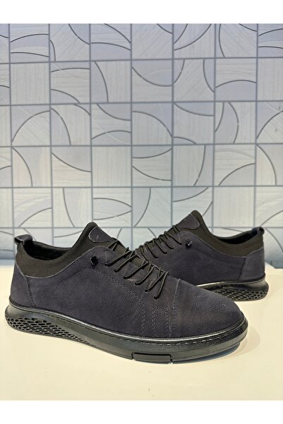 Anıl Ayakkabı AY 2002 Чоловічі темно-сині нубокові шкіряні кросівки на гумовій підошві з шнурівкою, зручні для щоденного носіння.