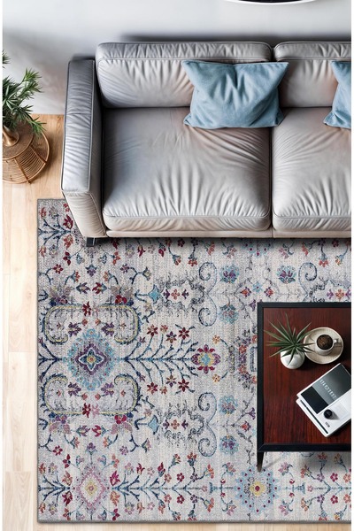 BigArts Home Mavi Vintage Desenli Salon Halısı, Dokuma Taban Dekoratif Şönil ...