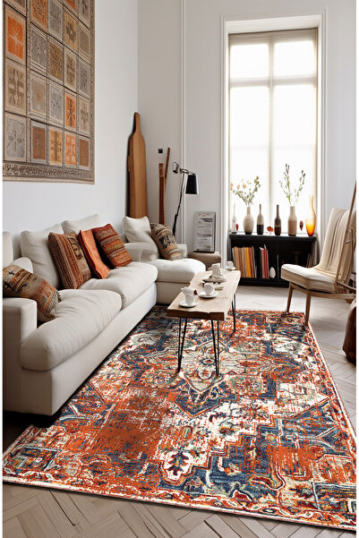 BigArts Home Turuncu Lacivert Şönil Kilim Desenli Salon Mutfak Halısı Yuvarla...