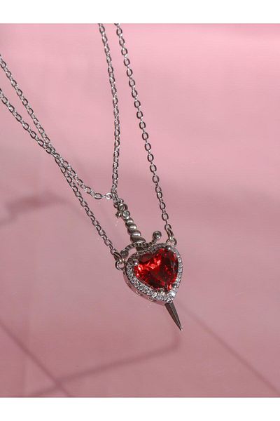 Reorah Collection Red Stone Heart Sword Couple Necklace