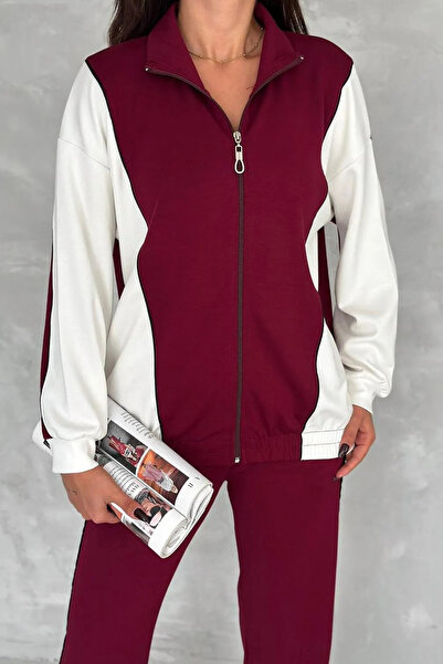 Swana Kadın  Biyeli Fermuarlı Alt Üst Modal Takım - Kırmızı Beyaz