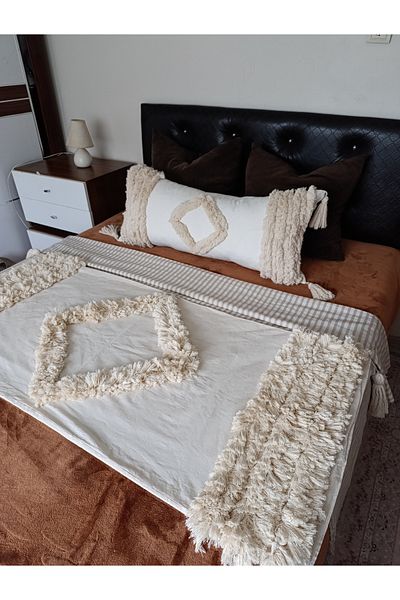Kubrahobi Ecru Bohemian Long Pillow - Handmade with Filled Inside