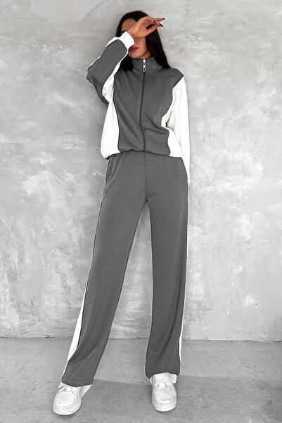 Swana Γκρι Λευκό Γυναικείο Σετ Modal - Σετ με φερμουάρ στο κάτω μέρος