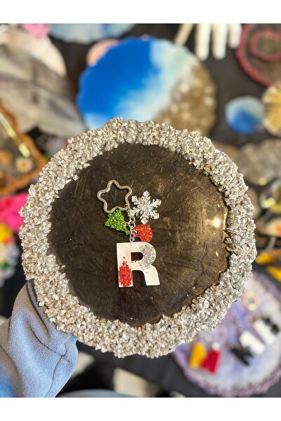 epoksiya حرف R مفهوم العام الجديد سلسلة مفاتيح إيبوكسي ندفة الثلج شجرة الصنوب...