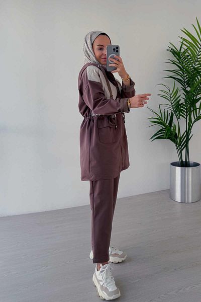 Ka Hijab Rope Binding - 2-Piece Hijab Set with Double Pocket Cover, Brown