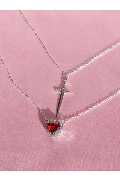 Reorah Collection Red Stone Heart Sword Couple Necklace