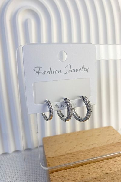 DEMOKAN Women's Special Design 3-Piece Zircon Stone Thin Hoop Earrings