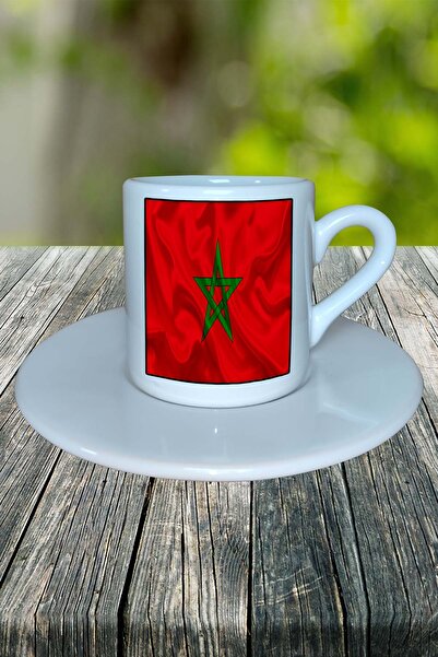 Genel Markalar Fas Ülke Bayrağı Bayrak Baskılı Türk Kahvesi Fincanı Tabaklı Kişiye Özel Model 1