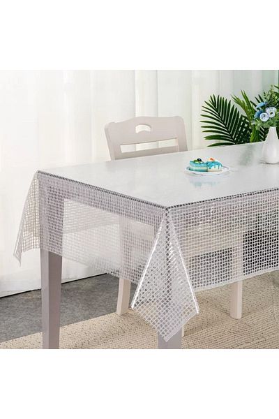 Blue Home Lux Lace Look Transparent Coated PVC Stain Resistant Non Slip Wipeable Hygienic Tablecloth - white