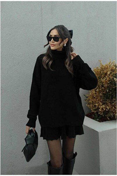 BlueTex Černý úpletový set s plisovanou minisukní a rybářským svetrem