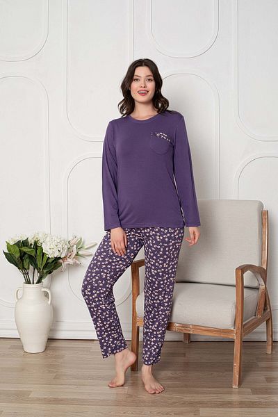 GUAVA+ Purple Flower Patterned Large Size Women's Long Sleeve Pjamas Suit
