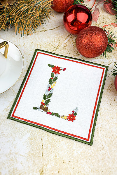 WEARE2 Șervețel de cocktail brodat cu litera L de culoare albă, cu tematică d...