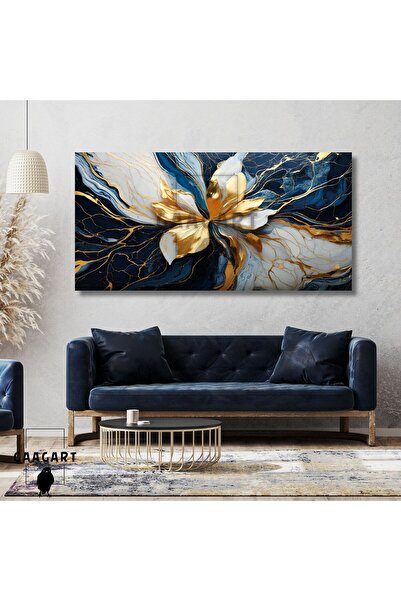 GAAGART Panoramik Kanvas Duvar Tablosu Soyut Mavi Gold Mermer Deseni Çiçek
