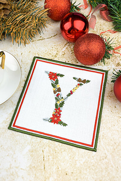 WEARE2 Șervețel de cocktail brodat cu litera Y de culoare albă, cu tematică d...