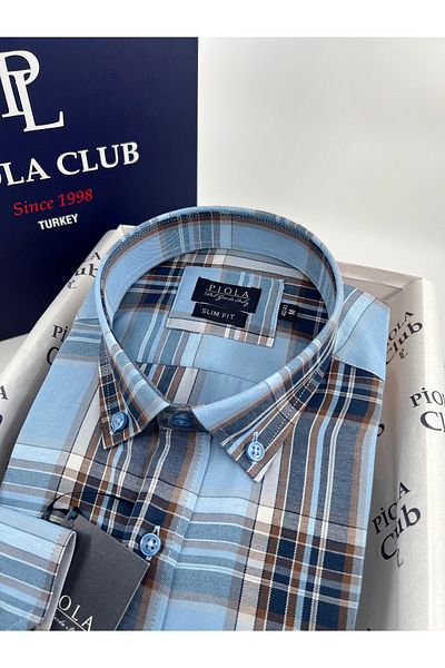 Piola Club Ανδρικό πουκάμισο - Μπλε, Slim fit, Καρό, Χωρίς τσέπη