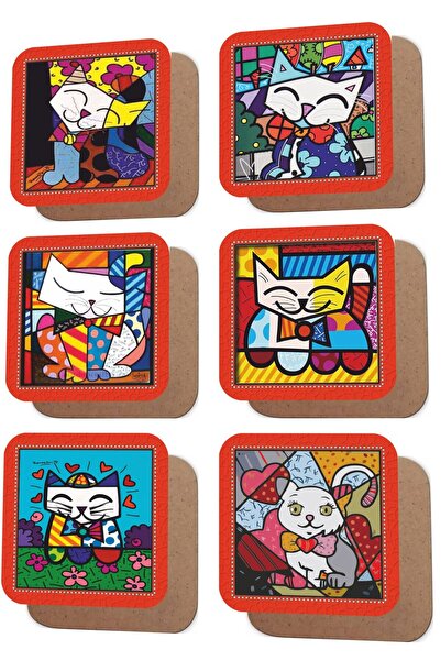 Pi Dekorasyon Sevimli Kediler Picasso Artı Temalı 6 lı Retro Ahşap Bardak Alt...