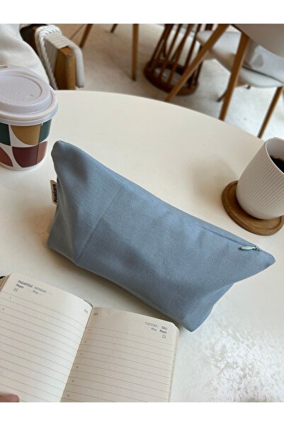 sumicorn Soft Mavi Yıkanabilir Fermuarlı Tek Gözlü Bez Kalemlik Kalem Kutusu Cüzdan Makyaj Çantası