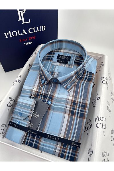 Piola Club Ανδρικό πουκάμισο - Μπλε, Slim fit, Καρό, Χωρίς τσέπη