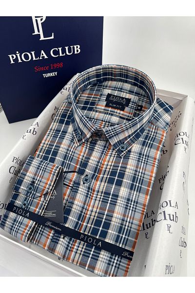 Piola Club Мъжка риза с дълъг ръкав и яка без джобове, тъмносиня, с прилепнала кройка