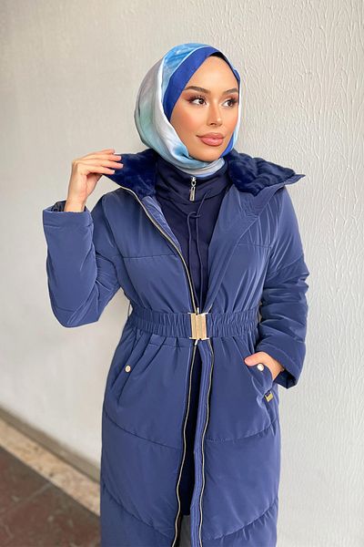 Minel Navy Blue Belted Women's Puffer Coat - 029