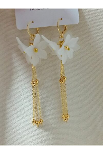 mos&more White Flower Gold Dangle Long Women's Earrings